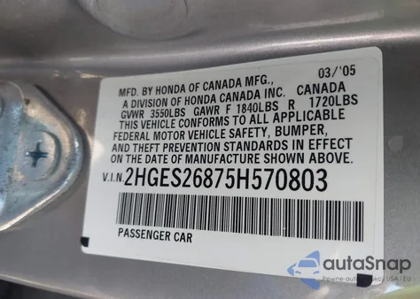 2005 Honda Civic Ex from USA, damaged, VIN 2HGES26875H570803